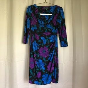Ralph Lauren Black Floral Jersey Dress 3/4 Sleeve